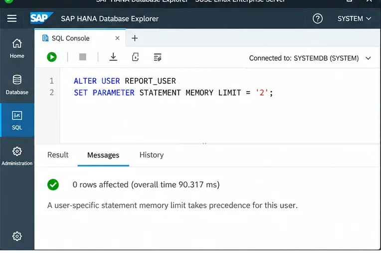 SAP HANA SQLコンソールでREPORT_USERに2GBのステートメントメモリ制限を割り当てます