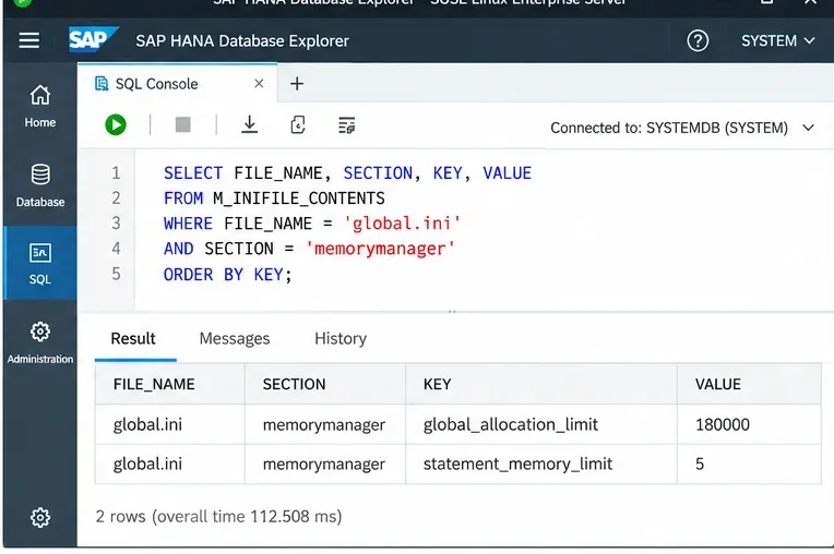 SAP HANAデータベースエクスプローラーで、M_INIFILE_CONTENTSから検証済みのglobal_allocation_limitとstatement_memory_limitの値を表示しています。