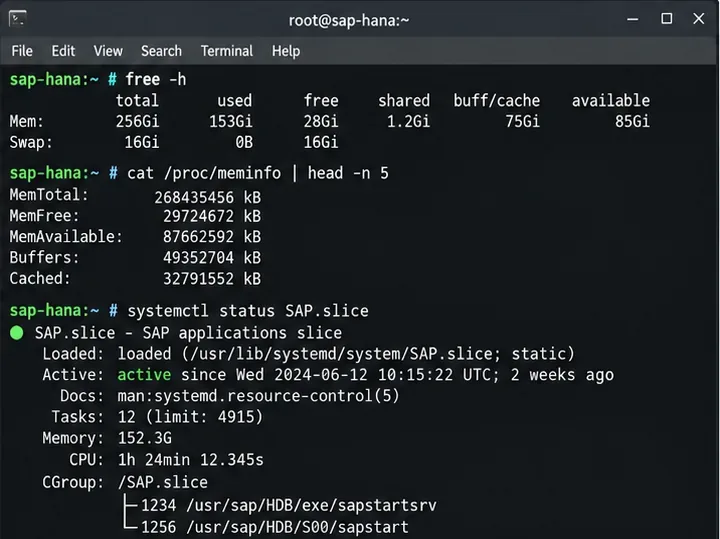 SAP HANAのメモリ設定を変更する前に、SUSE Linuxターミナルでfree -h、meminfo、およびSAP.sliceのステータスを表示する。