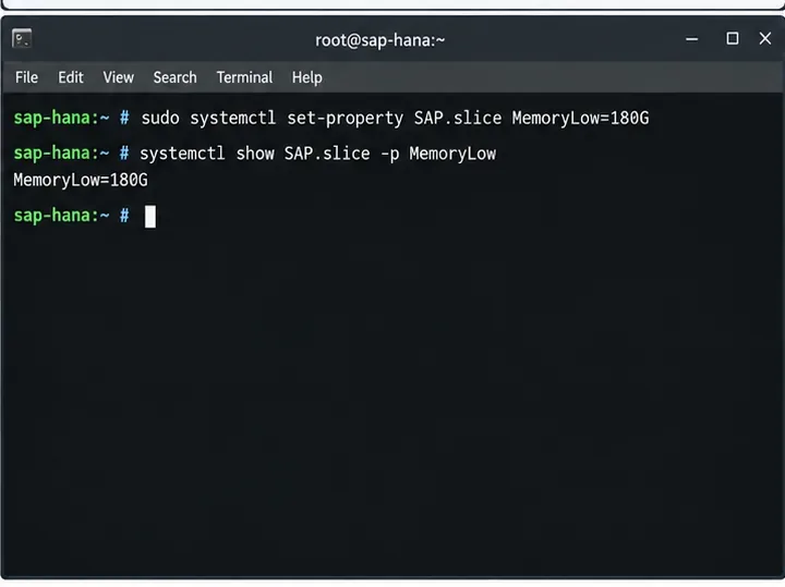 SUSEターミナルでSAP.slice MemoryLowを180Gに設定し、systemctlでその値を確認する。