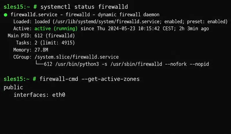 ตัวอย่างการใช้งานเทอร์มินัล SLES เพื่อตรวจสอบสถานะบริการ firewalld และแสดงรายการโซนสาธารณะที่ใช้งานอยู่บน eth0