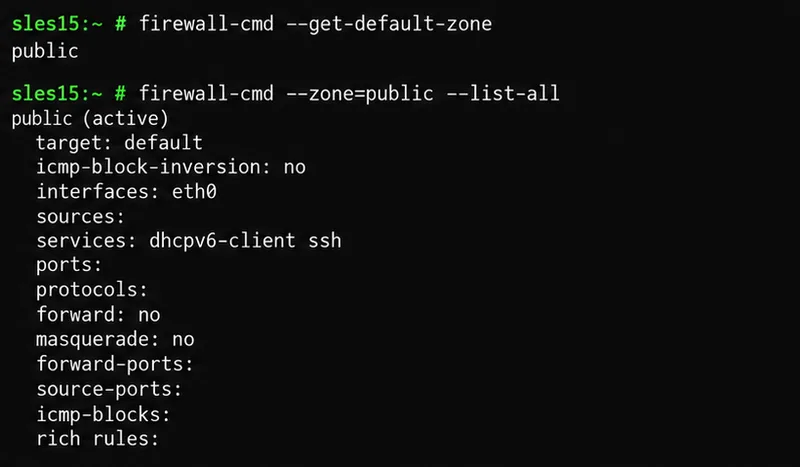 ตัวอย่างเทอร์มินัล SLES ที่แสดงโซนสาธารณะเริ่มต้น อินเทอร์เฟซ eth0 บริการ SSH และกฎโซนปัจจุบัน