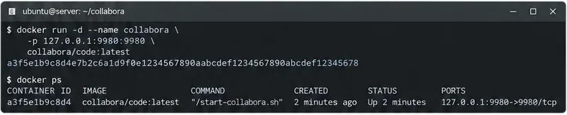 終端機視窗顯示一個 Collabora CODE Docker 容器已啟動，連接埠為 9980，僅發佈到 127.0.0.1，然後使用 `docker ps` 指令列出了該容器。