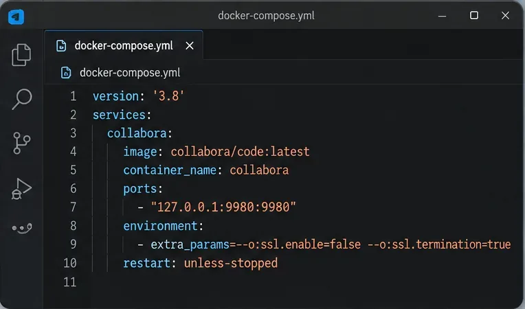 代碼編輯器顯示了一個用於 collabora/code 的 Docker Compose 服務，連接埠 9980 綁定到 localhost，並且啟用了 SSL 終止參數。
