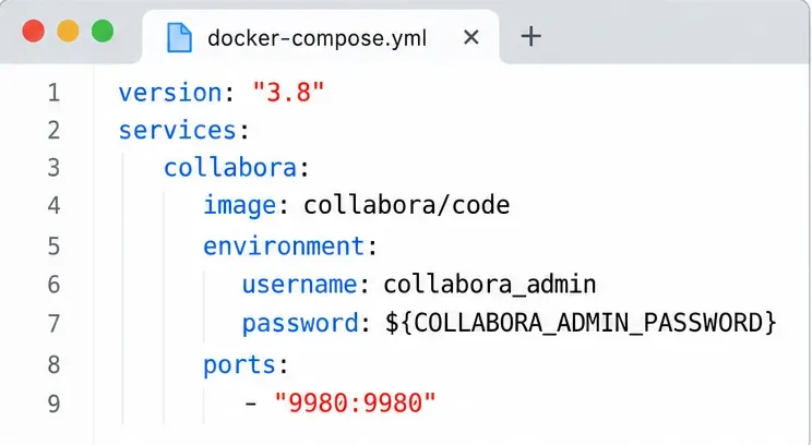 Docker Compose 편집기에서 환경 변수 섹션에 사용자 이름과 비밀번호 변수가 포함된 collabora/code가 표시됩니다.