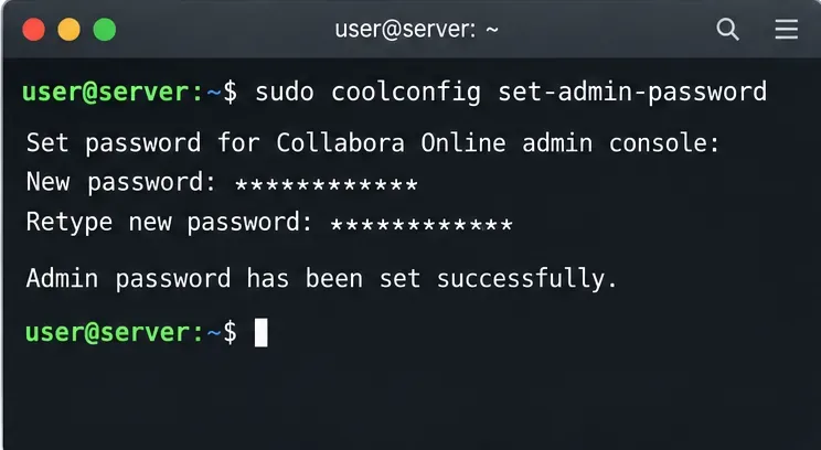sudo coolconfig set-admin-password 명령어를 입력하면 암호가 표시되고 암호가 가려진 상태로 입력되는 리눅스 터미널 화면.