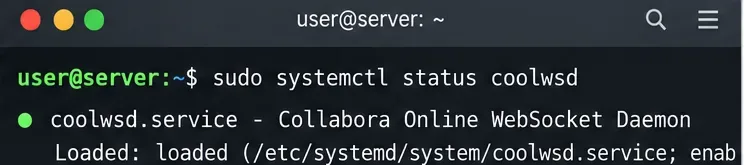 Collabora 서비스 상태를 확인하기 위한 systemctl status coolwsd 명령어를 보여주는 터미널 화면입니다.