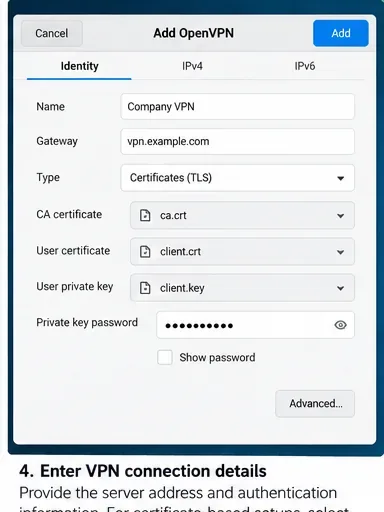 Editor de conexión OpenVPN con campos para nombre, puerta de enlace, certificado CA, certificado de usuario, clave privada y contraseña de clave.