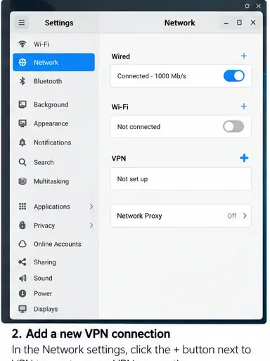 Panel de configuración de red de Pardus que muestra la conectividad por cable y una sección VPN vacía con un botón de signo más.