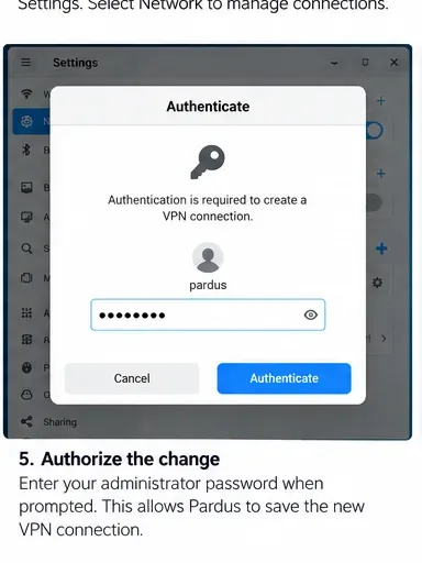 El cuadro de diálogo de autenticación de Pardus solicita la contraseña del administrador local al agregar una conexión VPN.