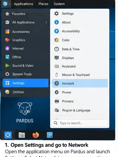 Menú de la aplicación de escritorio Pardus con Configuración seleccionada y Red visible en la ventana de Configuración.
