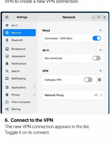 Panel de configuración de Pardus Network con un perfil VPN de la empresa mostrado en la sección VPN y su interruptor listo para conectarse.