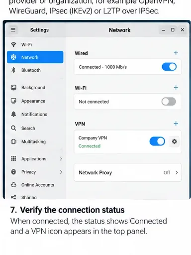 Configuración de red de Pardus que muestra el interruptor VPN de la empresa habilitado y el estado del perfil marcado como Conectado.
