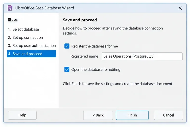 LibreOffice Base データベース登録と編集オプションを選択した状態で保存して続行するページ