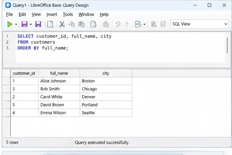 LibreOffice BaseのSQLクエリエディタにSELECT文と返された5行の顧客データが表示されています。
