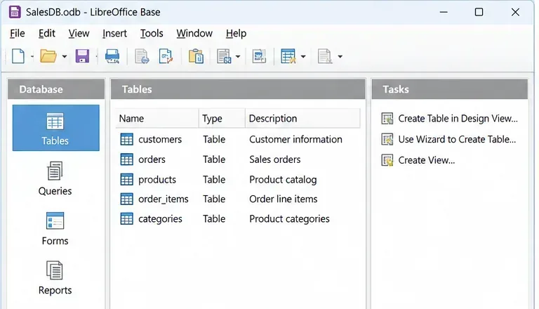 LibreOffice Baseのテーブルビューには、顧客、注文、製品、注文アイテム、カテゴリが一覧表示されます。