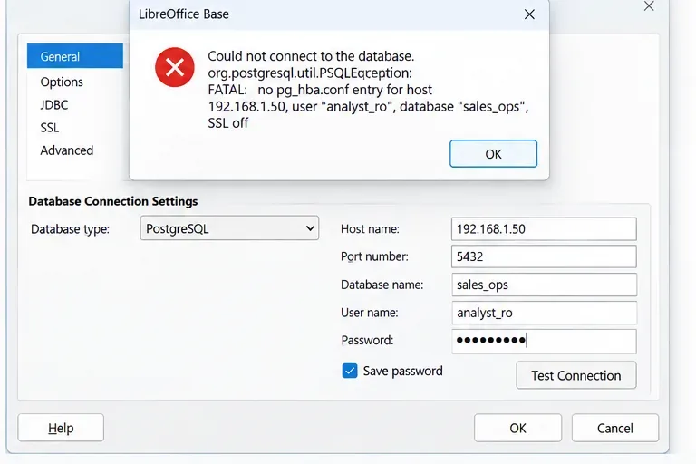 LibreOffice Base PostgreSQL接続エラー。ホストのpg_hba.confエントリがないこととSSLが無効であることを示しています。