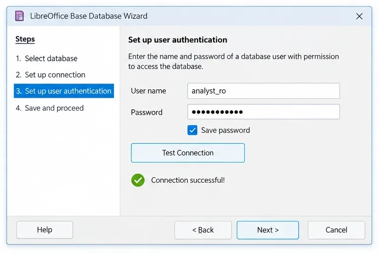 LibreOffice Baseのユーザー認証ページにanalyst_roが表示され、接続テストが成功したことが示されています。