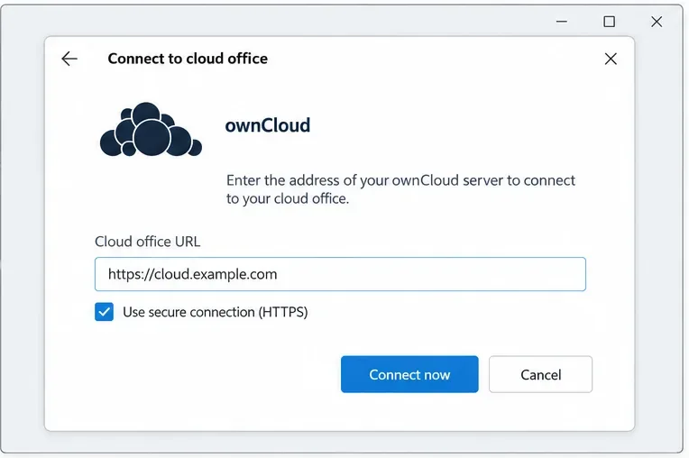 La finestra di dialogo ONLYOFFICE "Connetti all'ufficio cloud" mostra un campo URL di ownCloud precompilato con https://cloud.example.com