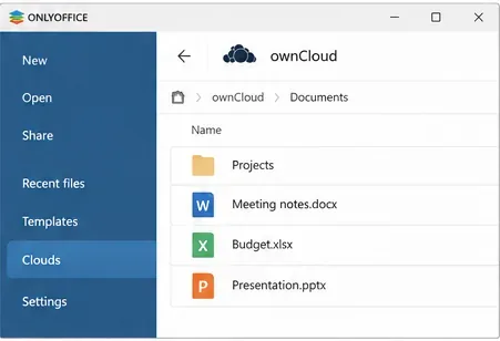 Gli editor desktop ONLYOFFICE mostrano una cartella Documenti ownCloud con file DOCX, XLSX e PPTX.