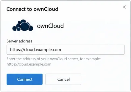 Finestra di dialogo "Connetti a ownCloud" che mostra l'indirizzo del server https://cloud.example.com e un pulsante "Connetti".