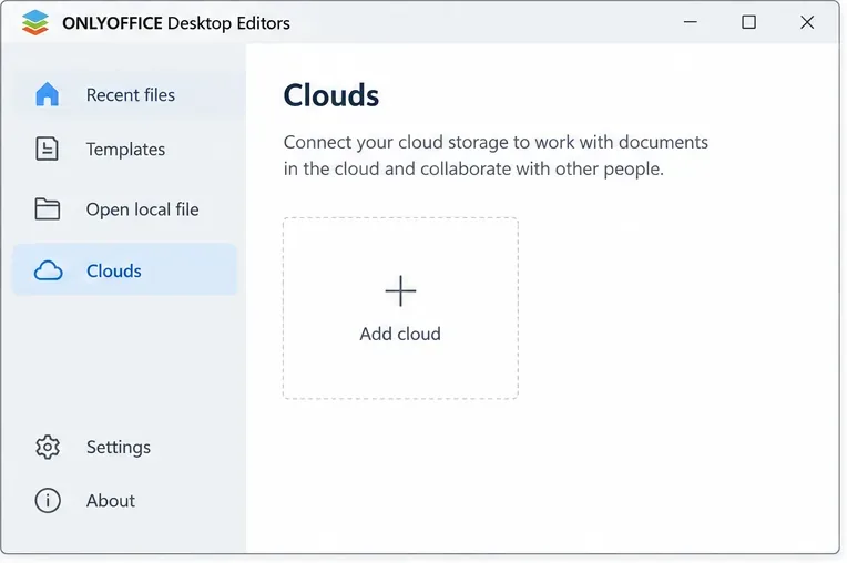 Finestra principale di ONLYOFFICE Desktop Editor con la sezione Cloud selezionata e un controllo Aggiungi cloud visibile
