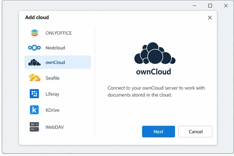 Aggiungi la finestra cloud negli editor desktop di ONLYOFFICE selezionando ownCloud dall'elenco dei servizi cloud
