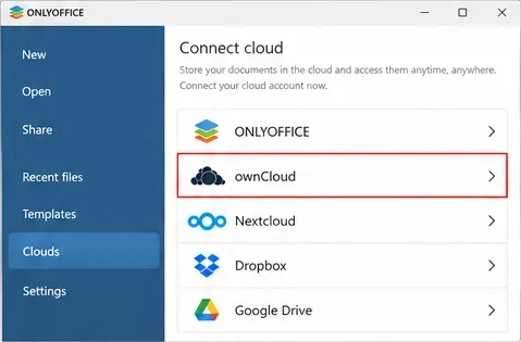 ONLYOFFICE Desktop Editors elenca i servizi cloud, tra cui ownCloud è evidenziato.