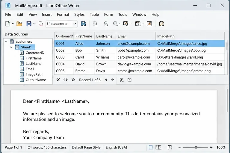 LibreOffice Writer muestra una fuente de datos con filas de clientes y campos de combinación de correspondencia normales en una carta.