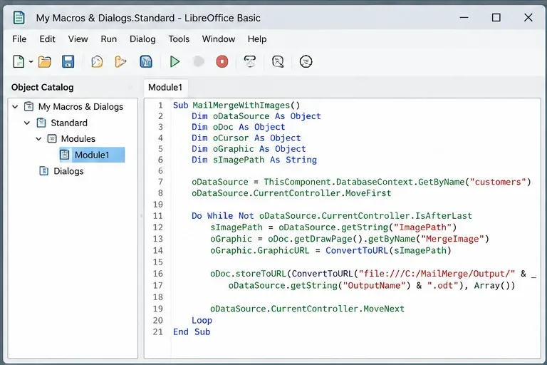 El entorno de desarrollo integrado (IDE) básico de LibreOffice muestra una macro de combinación de correspondencia que lee la ruta de una imagen y actualiza un objeto gráfico de Writer.