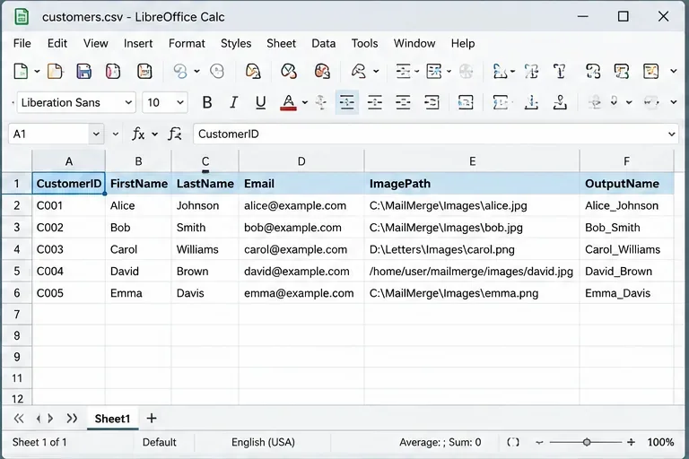Hoja de cálculo de LibreOffice Calc que contiene campos de cliente, rutas de imagen y nombres de salida para una combinación automatizada de Writer.