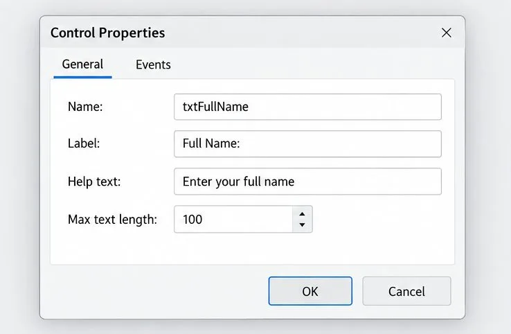 Cuadro de diálogo Propiedades del control que muestra los campos Nombre, Etiqueta, Texto de ayuda y Longitud máxima del texto para un cuadro de texto.
