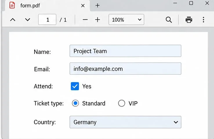 Visor de PDF que muestra texto de ejemplo en los campos Nombre y Correo electrónico, una casilla de Asistencia marcada, una opción Estándar seleccionada y Alemania en un menú desplegable.