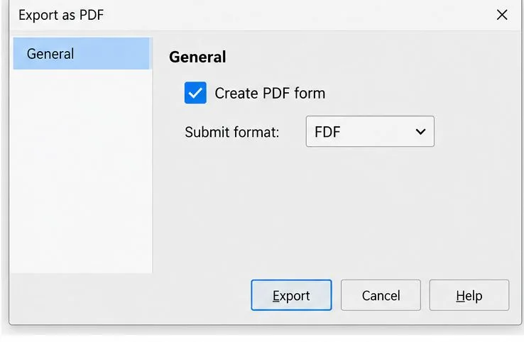 Diálogo general de exportación a PDF con la opción Crear formulario PDF marcada y el formato de envío configurado como FDF.