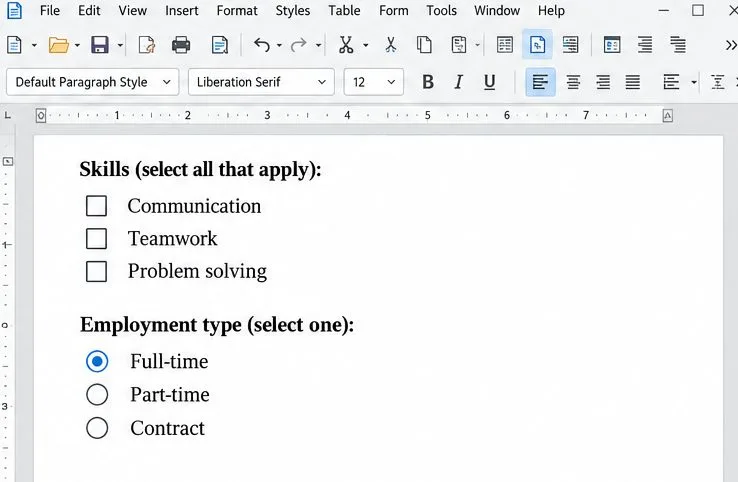 Sección de formulario con estilo de redacción, con tres casillas de verificación debajo de Habilidades y tres botones de opción debajo de Tipo de empleo.