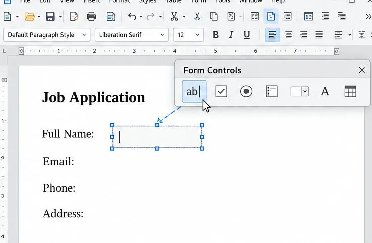 Barra de herramientas de controles de formulario situada encima de una página de estilo Writer, con un cuadro de texto colocado junto a la etiqueta Nombre completo.