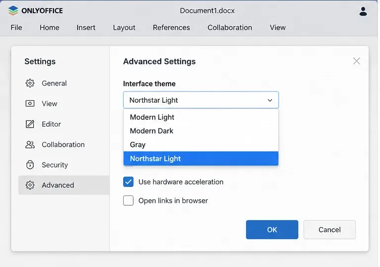 Finestra di dialogo Impostazioni avanzate in un editor in stile ONLYOFFICE con Northstar Light selezionato nell'elenco dei temi dell'interfaccia.