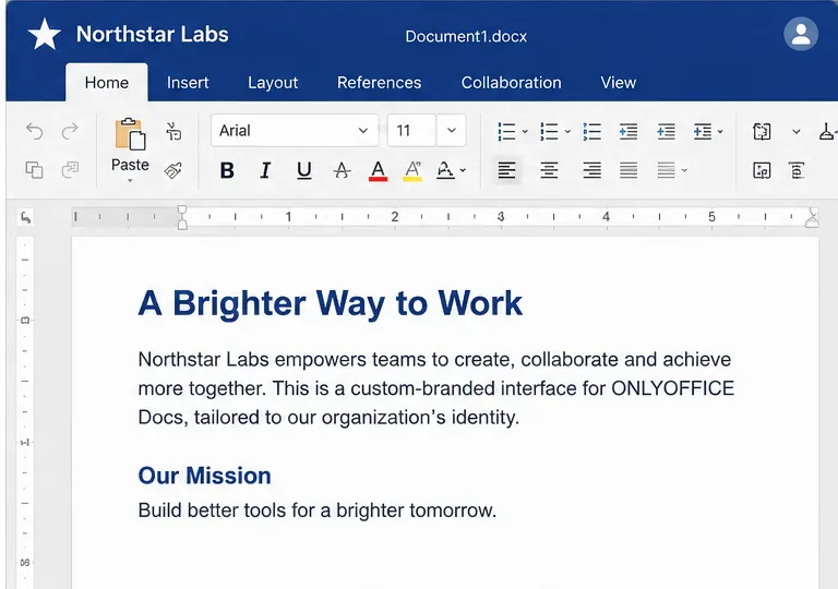 Editor leggero e rifinito in stile ONLYOFFICE con intestazione blu con il marchio Northstar Labs e area di lavoro personalizzata per i documenti.
