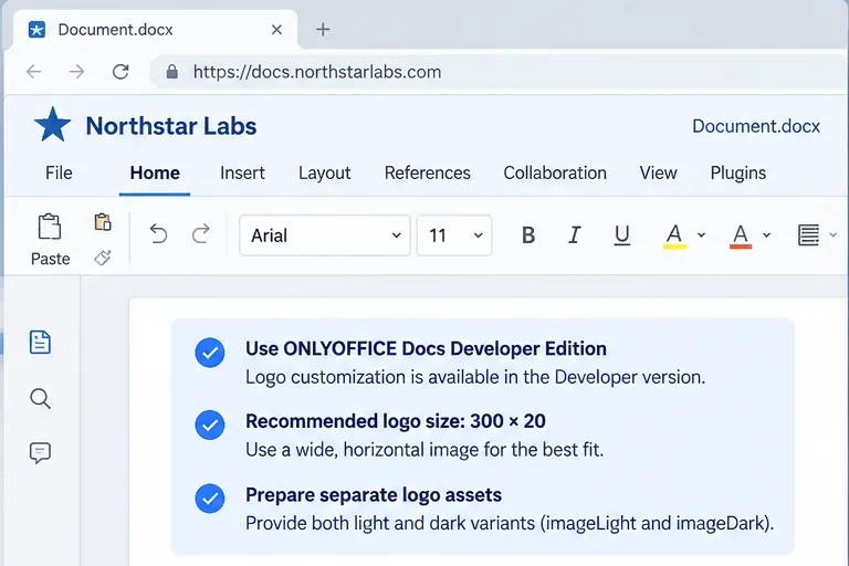 Elenco di controllo illustrato per l'editor di ONLYOFFICE Docs che mostra la Developer Edition, un logo consigliato di 300 x 20 pixel e risorse separate per il logo in versione chiara e scura.