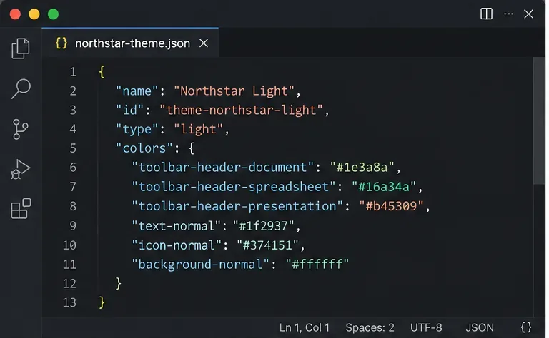 Editor di codice che mostra un file JSON del tema Northstar Light con variabili per l'intestazione della barra degli strumenti, lo sfondo, il testo e il colore delle icone.