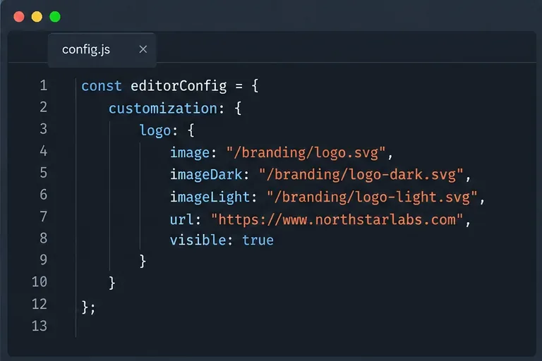 Editor di codice che mostra i campi del logo di personalizzazione di editorConfig per image, imageDark, imageLight, URL e visible.