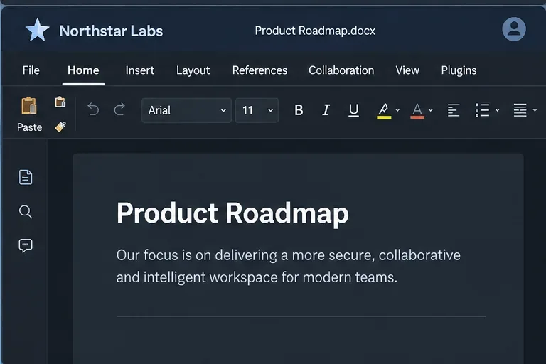 Editor di documenti scuro in stile ONLYOFFICE con un logo chiaro di Northstar Labs nell'intestazione.