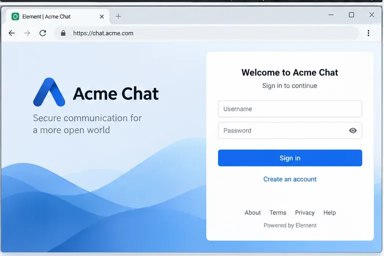 Acme Chatのロゴ、青色の背景処理、フッターリンクを備えた、ブランド化されたElement Webサインインページの例