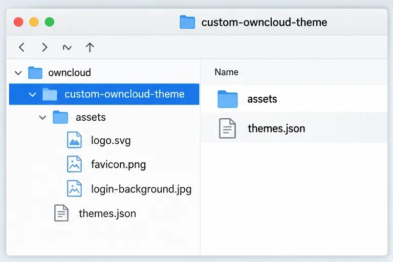 رسم توضيحي لمدير الملفات يُظهر مجلد سمة ownCloud مخصصًا يحتوي على دليل الأصول، والشعار، وأيقونة الموقع، وخلفية تسجيل الدخول، وملف themes.json