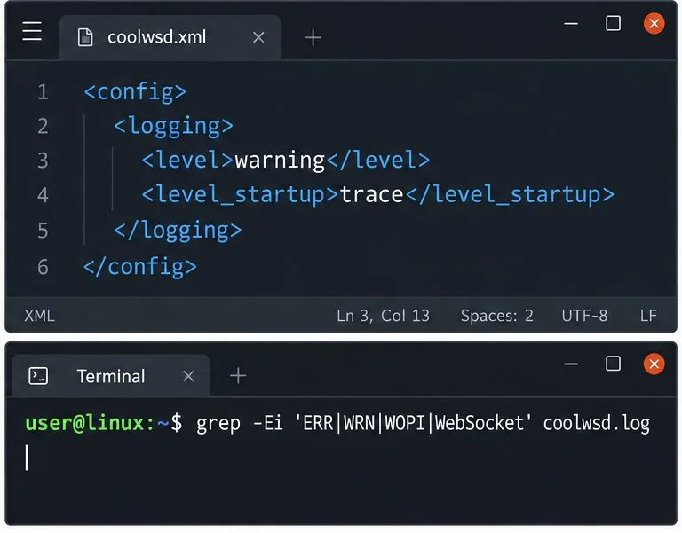 El nivel de registro de coolwsd se restableció a advertencia, con un comando de terminal listo para filtrar las líneas de registro relacionadas con la conexión.