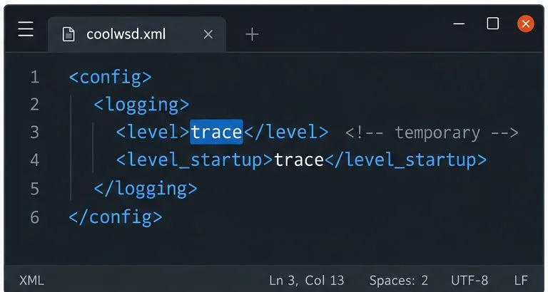 El nivel de registro de coolwsd.xml cambió de advertencia a rastreo y se marcó como temporal.