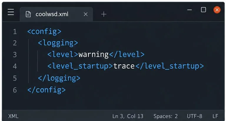 Un editor de texto que muestra una sección de registro de coolwsd.xml con advertencia como nivel normal y rastreo como nivel de inicio.
