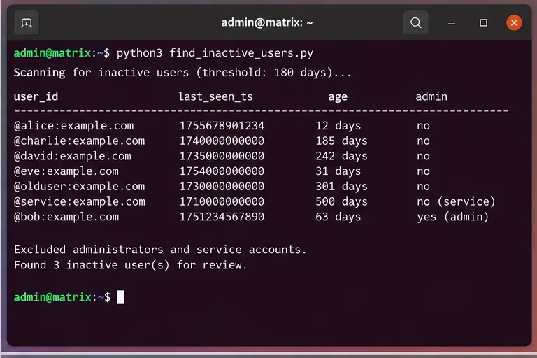 端末に、180日間の非アクティブユーザーを対象とするスキャン例が表示されています。管理者アカウントとサービスアカウントは明示的に除外されています。
