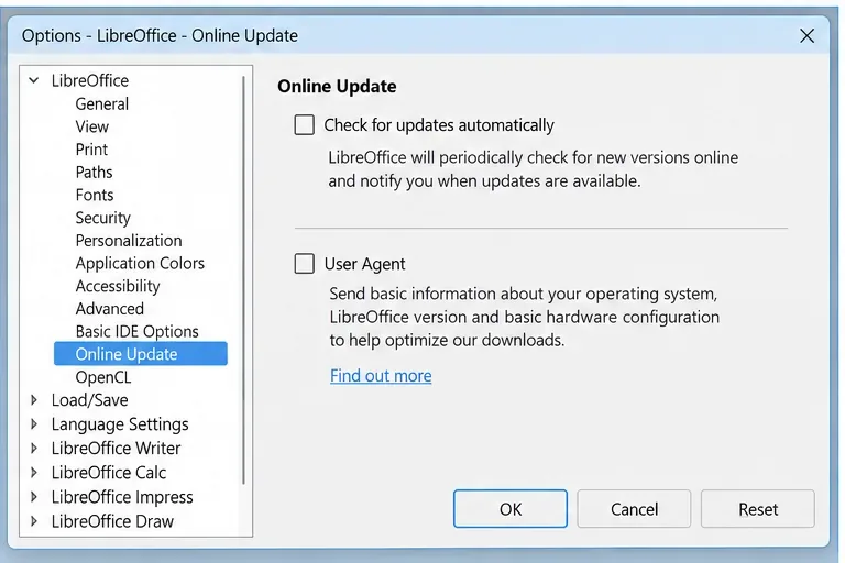 Las opciones de actualización de LibreOffice Online muestran las casillas de verificación "Buscar actualizaciones automáticamente" y "Agente de usuario" sin marcar.