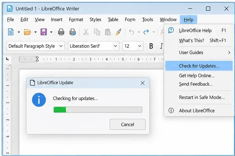 Menú Ayuda de LibreOffice con la opción "Buscar actualizaciones" seleccionada y un cuadro de diálogo de comprobación de actualizaciones visible.